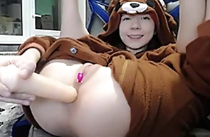 Down in the mouth brunette teen bear costume masturbating on webcam